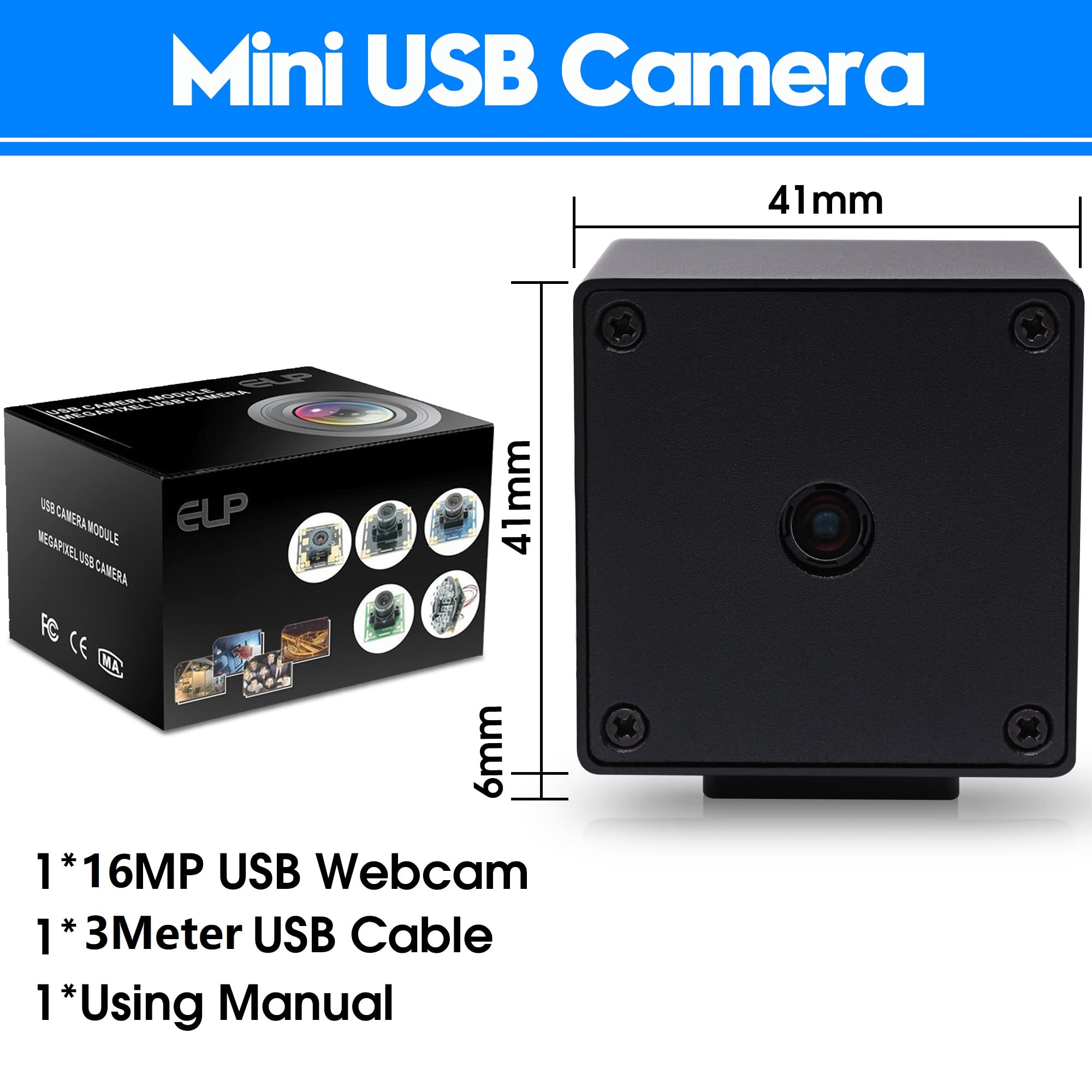 ELP Telecamera USB autofocus da 16 MP con custodia in metallo, mini webcam UVC USB2.0 4K con obiettivo 68 senza distorsione sensore IMX298 per PC e sorveglianza domestica