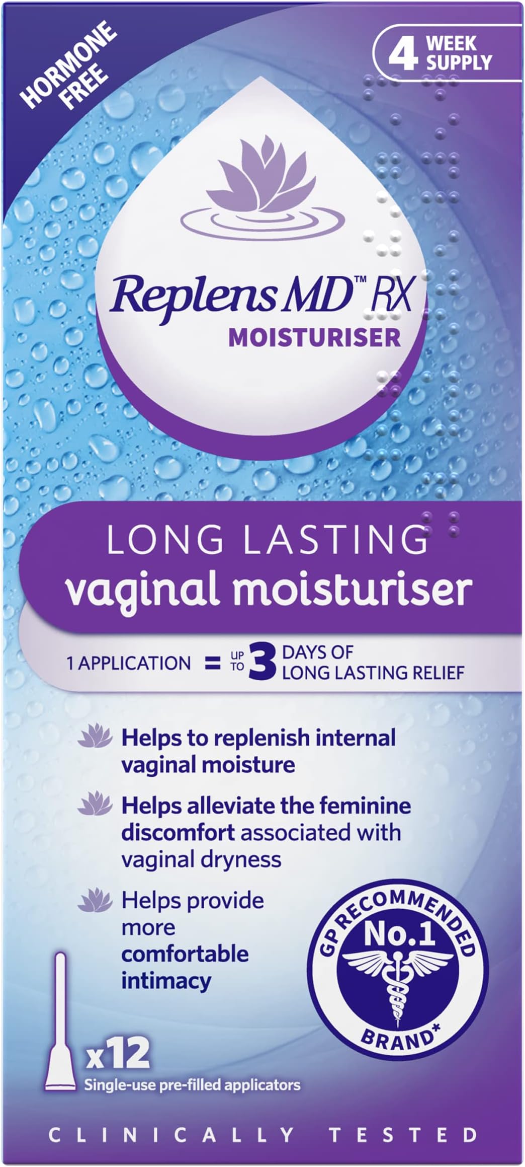 Long Lasting l Moisturiser, Up to 3 days of long-lasting relief from l dryness, Relieves Discomfort, Hormone Free, Clinically Tested, Pack of 12 Pre-Filled Applicators