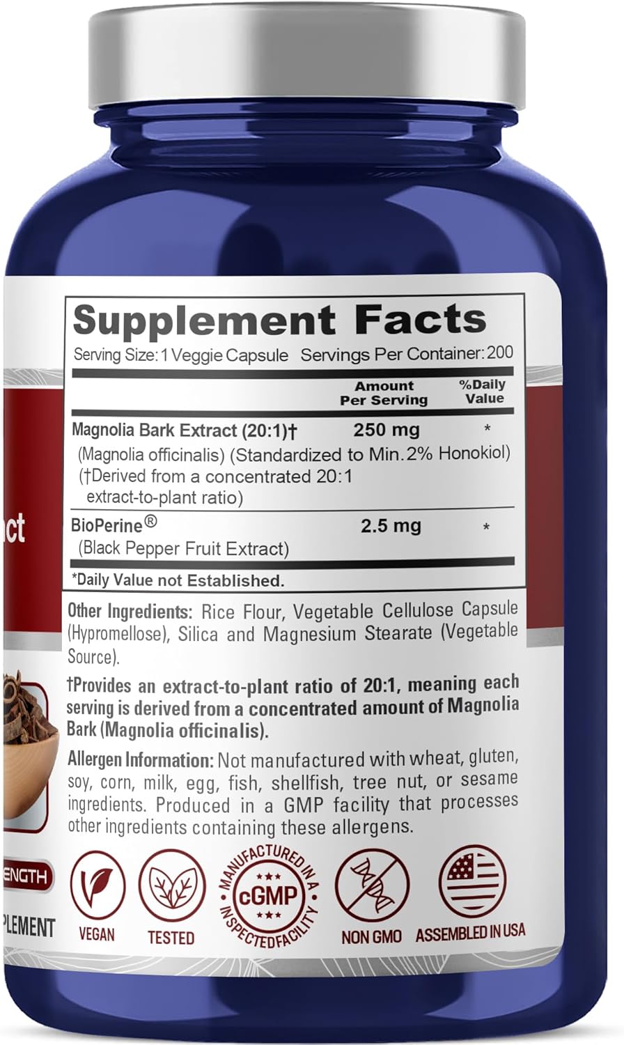 NusaPure Magnolia Bark Capsules, 250 mg, 200 Veg Capsules (Non-GMO, Vegan)
