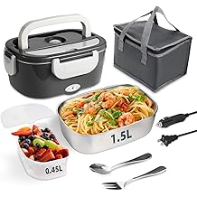 Electric Lunch Box, 12V/24V/110V Portable Food Warmer with SS Fork & Spoon for Car/Truck/Office, 80W Self Heating Lunch Box with 1.5L 304 Stainless Steel Container & 0.45L PP Fruit Box Beige