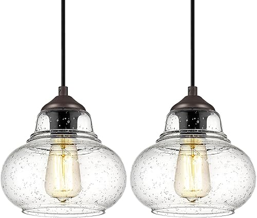 ELYONA Paquete de 2 lámparas colgantes de vidrio de burbujas, lámpara colgante vintage, lámparas colgantes industriales de vidrio sembrado para isla