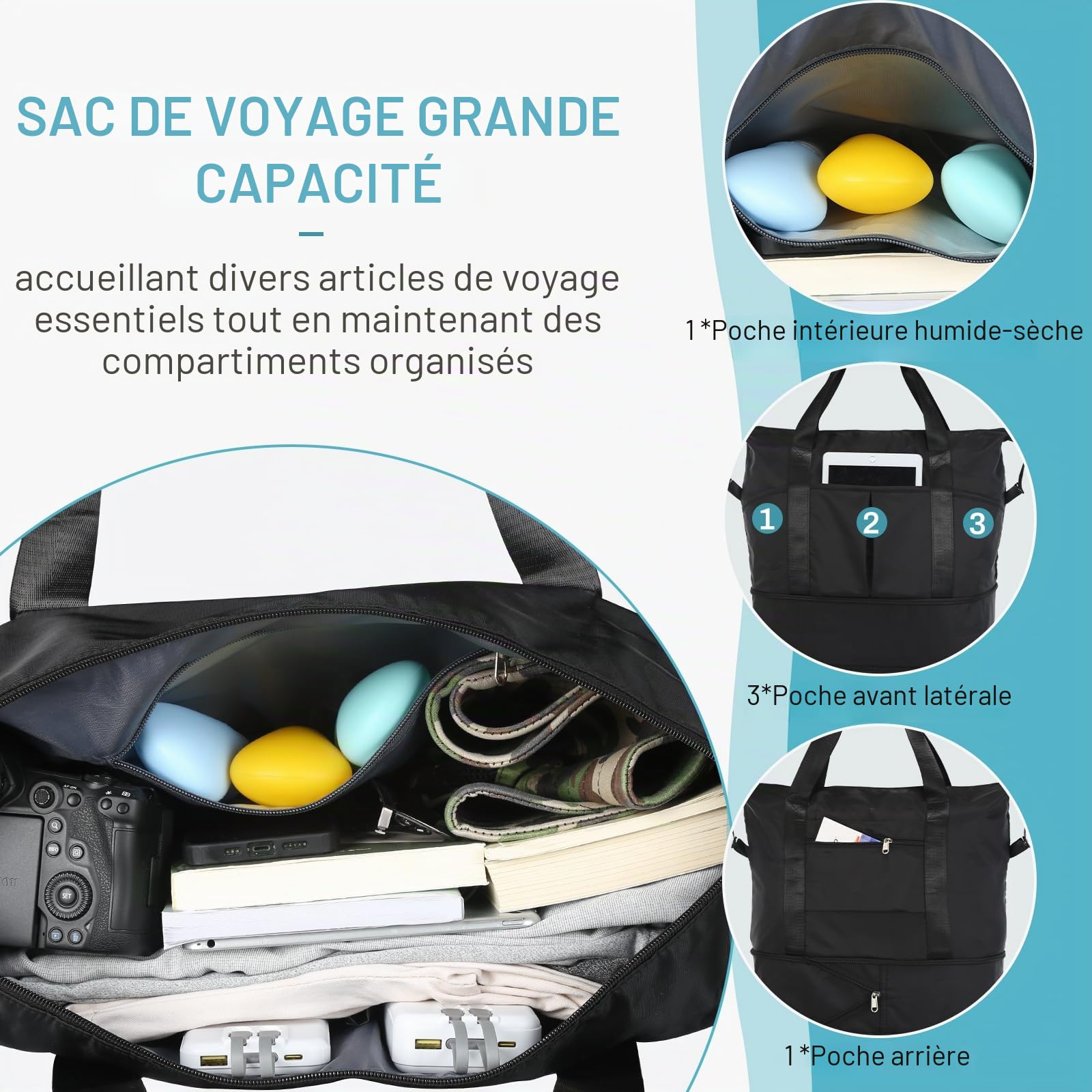 VOOWO Sac de Voyage à roulettes Extensible Pliable avec roulettes pour Voyage Bagage à roulettes Bagage à Main Sac de Voyage Grand Sac de Week-End pour Homme et Femme, Noir, 15.7 x 8.6 x 15.8 inches
