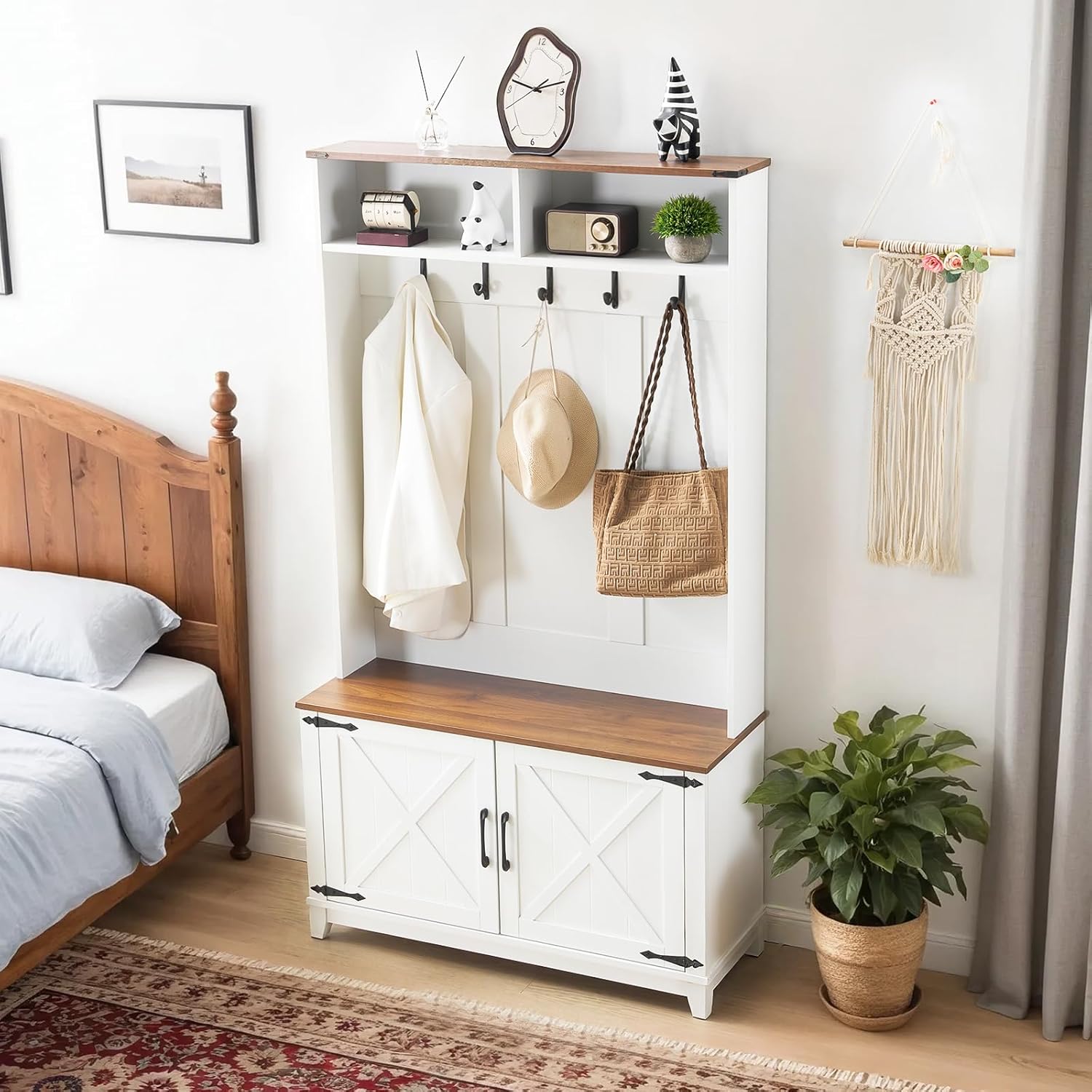 EROMMY 38" Farmhouse Hall Tree with Bench and Shoe Storage, Entryway Bench with Coat Rack, 2 Open Compartments, 5 Coat Hooks, Barn Door & Adjustable Shelf, Rustic White and Brown