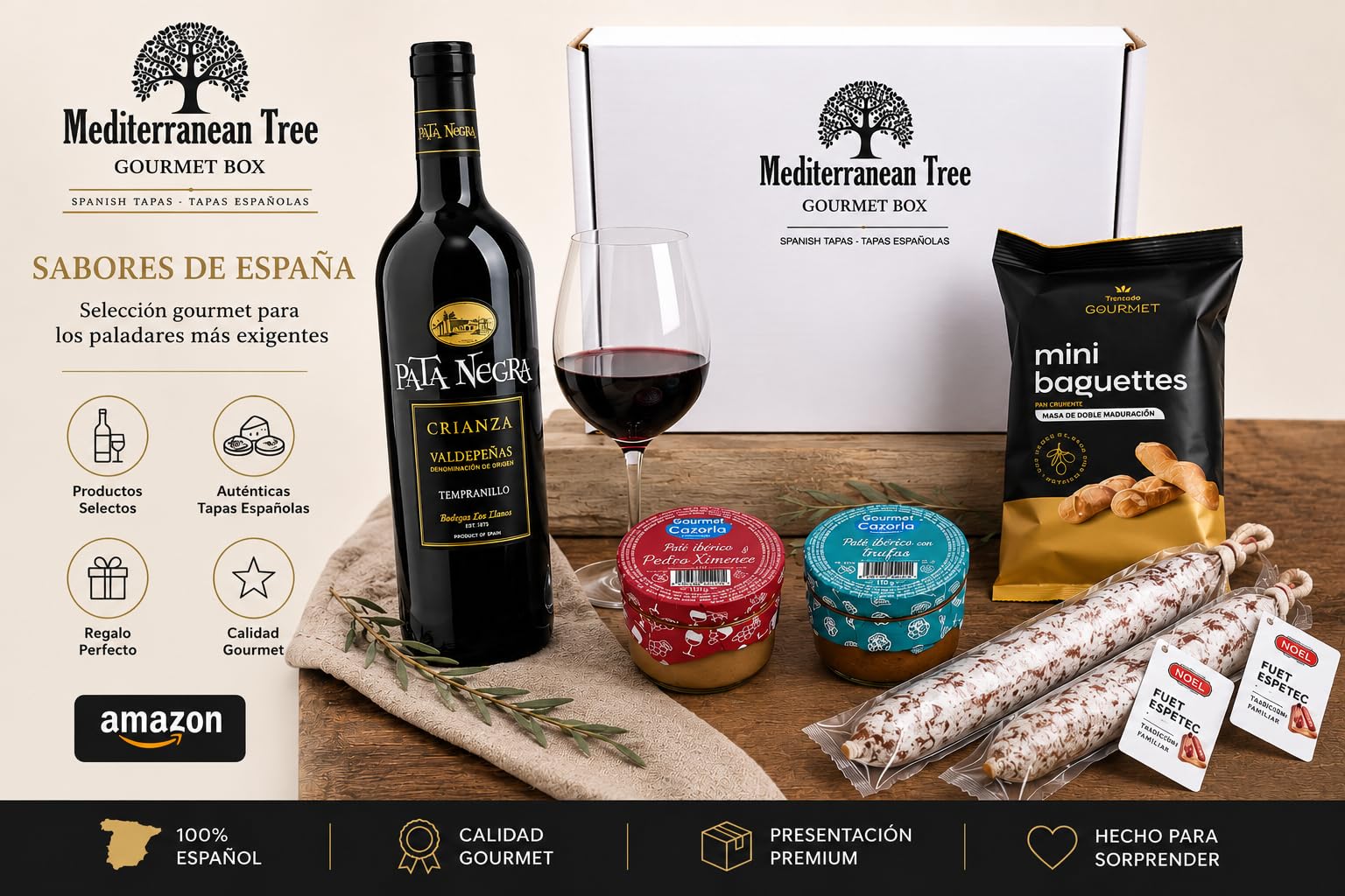 Caja cesta de regalo Gourmet Vino Crianza Embutidos y Patés Ibéricos seleccion Fuet y Picos de Pan artesanos –Pack elegante Ideal para Navidad, Empresas Cumpleaños y Celebraciones Especiales