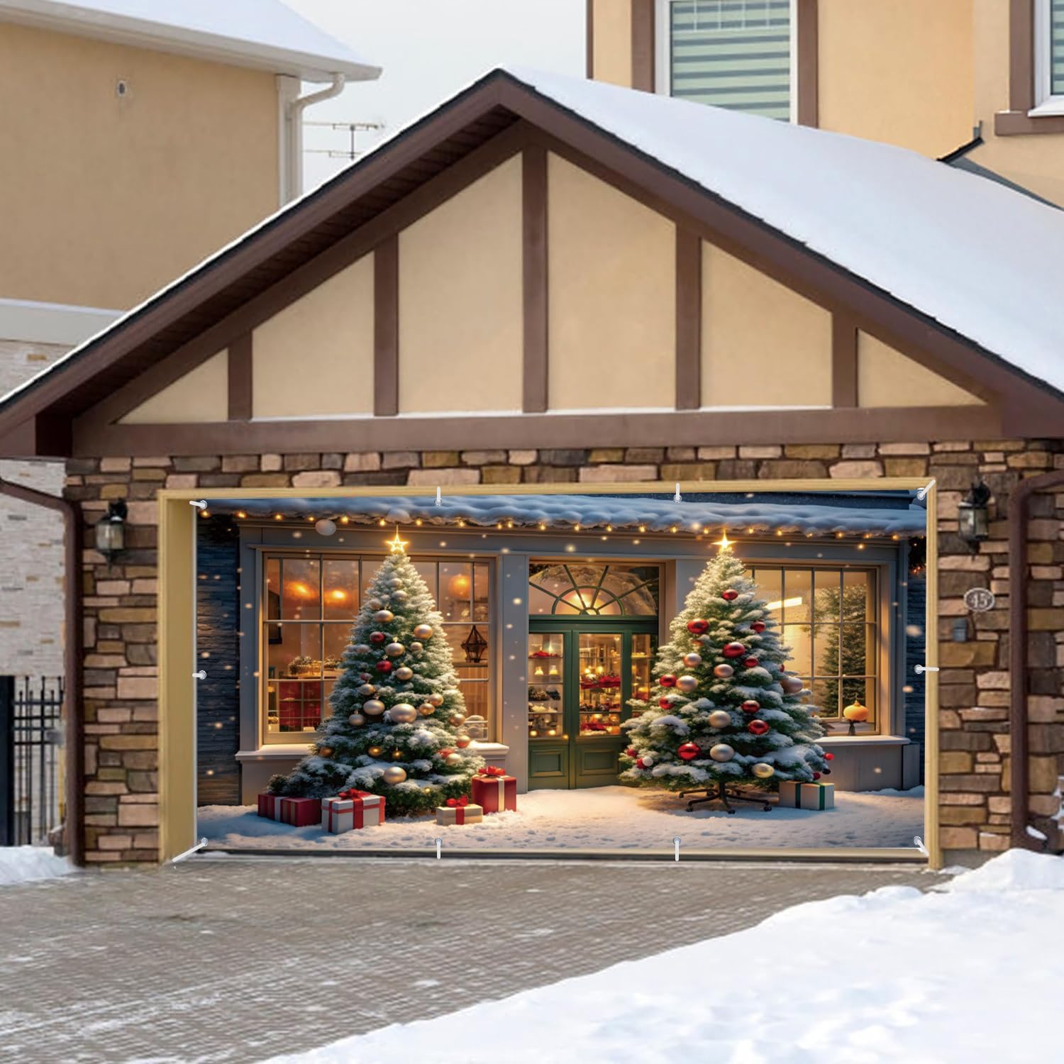 Christmas Garage Door Decorations Cover Banner Backdrop,Winter Holiday Garage Door Banner Cover,Christmas Shop Window Xmas Tree Merry Christmas Backdrop for Xmas Eve Outdoor Holiday Decorations 7x16ft
