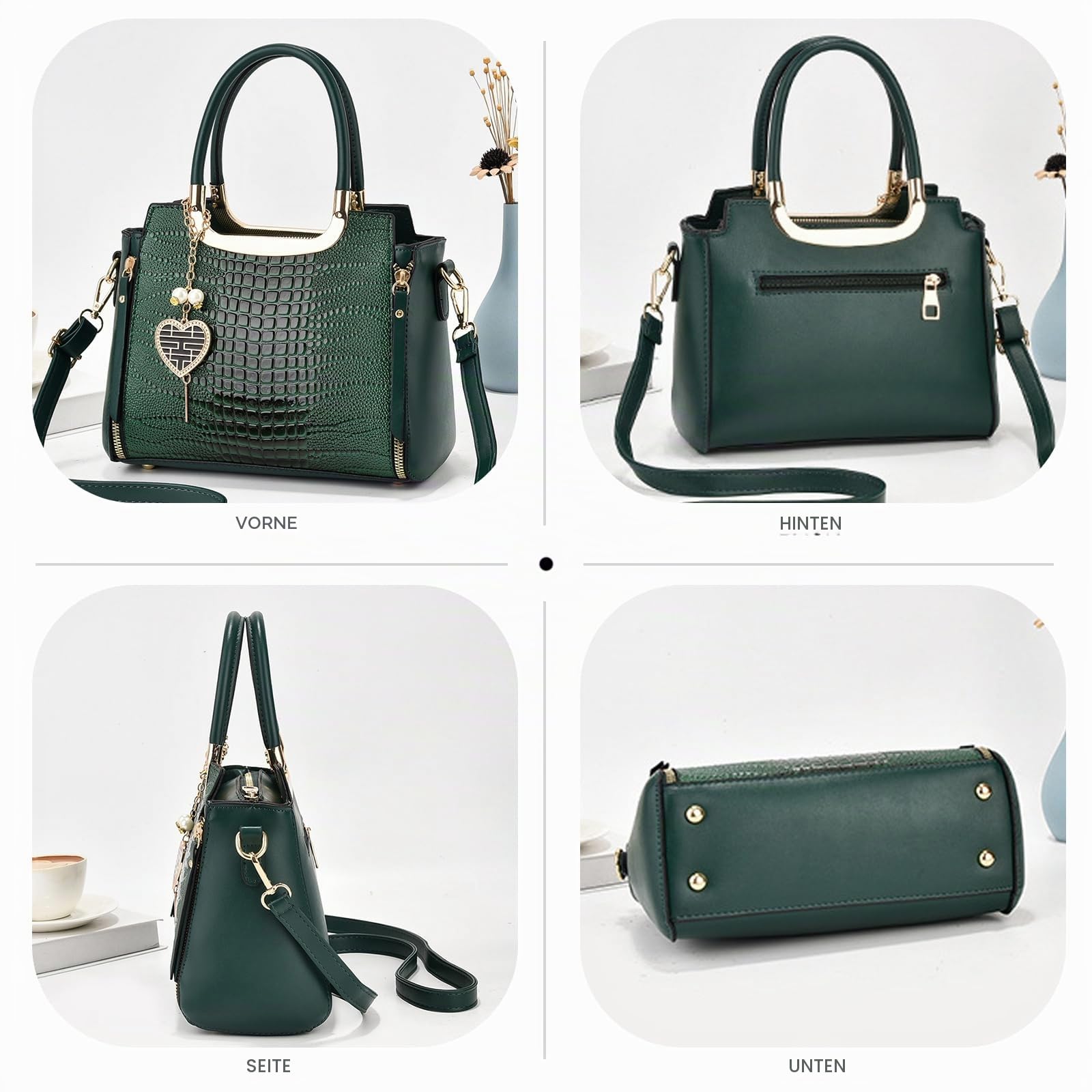 NICOLE & DORIS Mode Handtaschen Damen Schultertaschen Elegant Henkeltasche PU Leder Umhängetasche Crossbody Bag Krokodil Handtasche mit Anhänger Khaki