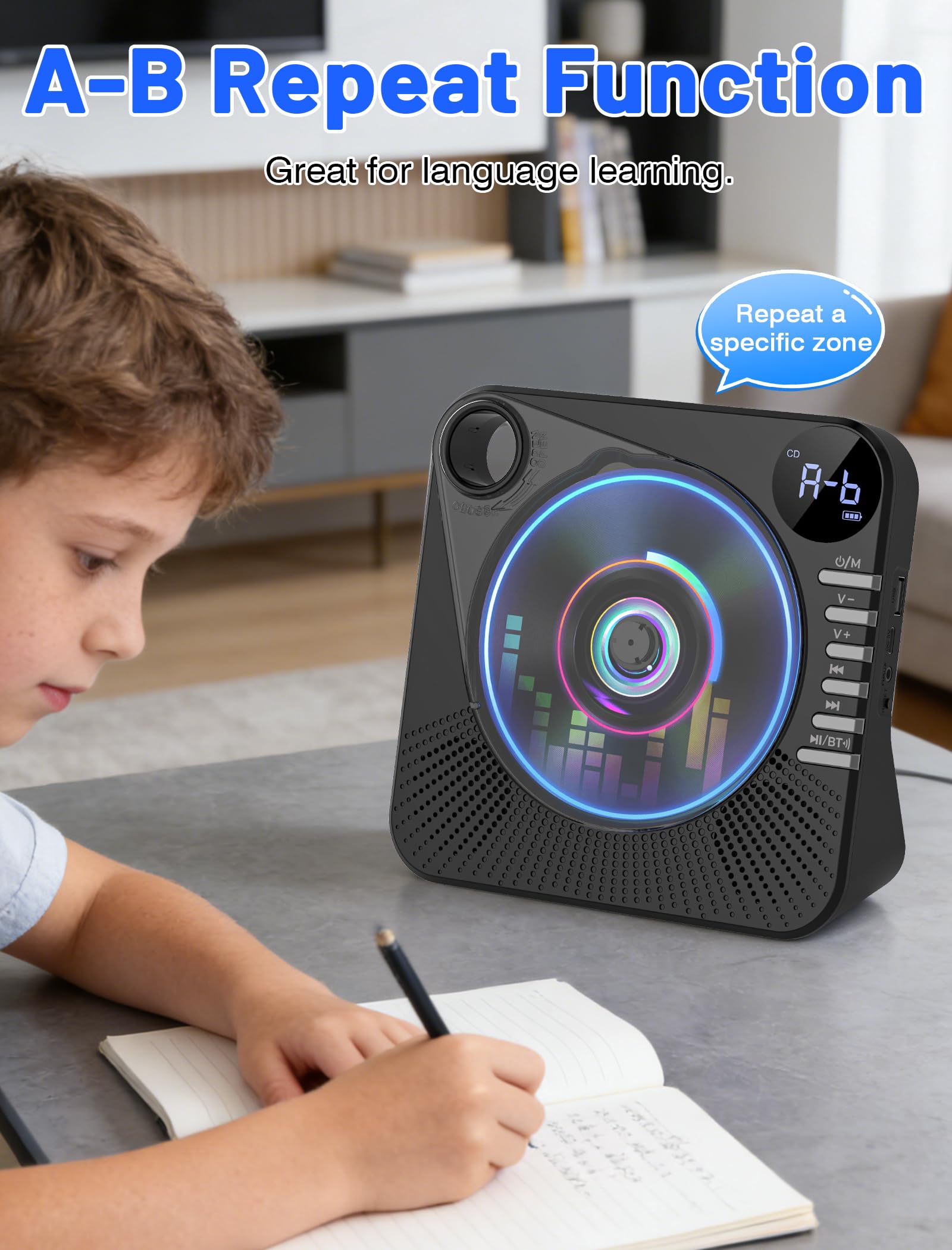 Gracioso Lettore CD portatile con Bluetooth, 4000mAh ricaricabile, altoparlanti stereo HiFi, telecomando, 5 EQ, ripetizione A-B, display a LED, USB/AUX/jack da 3,5 mm