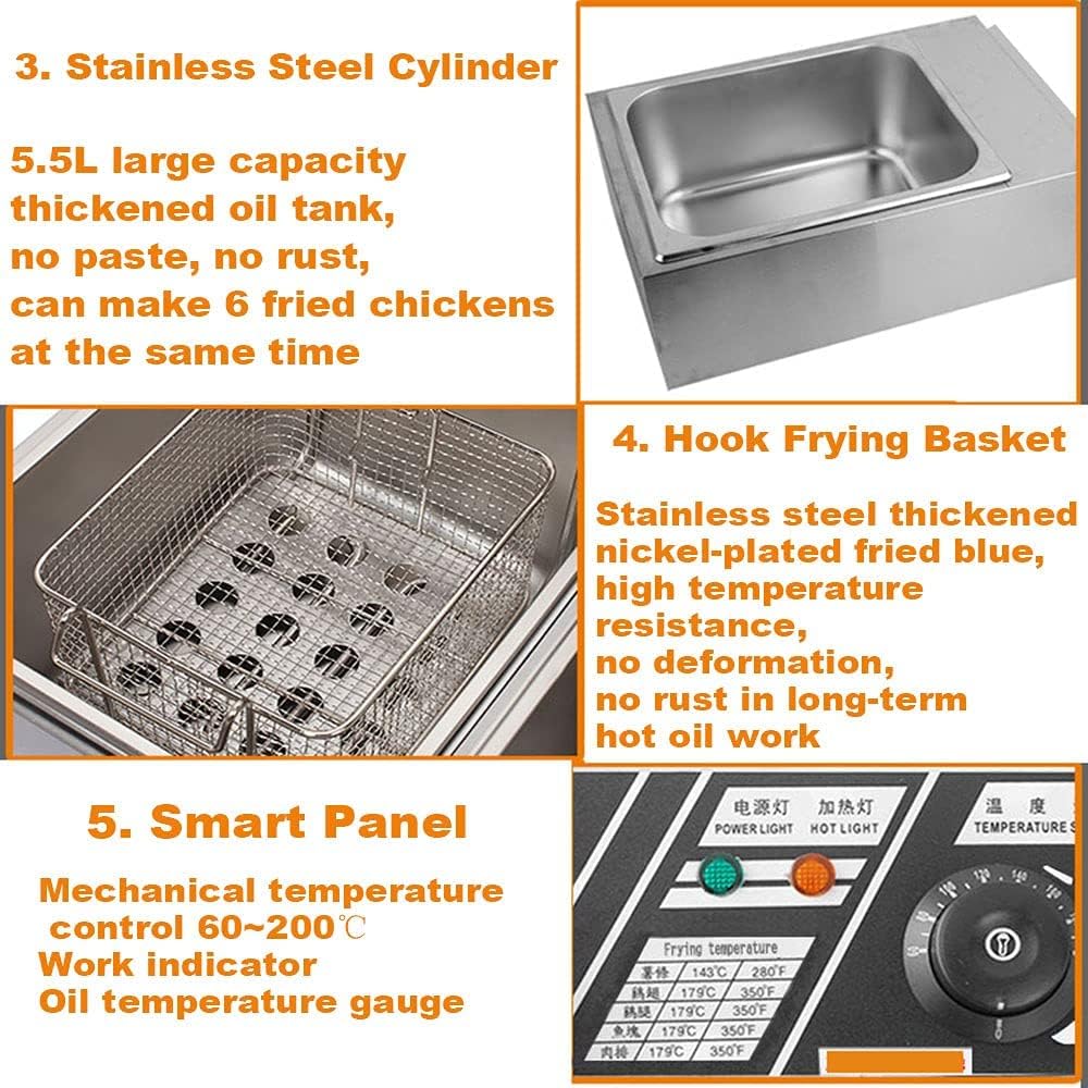 2500W Commercial Electric Fryer 5.5L Easy Clean Fat Fryer with Timer and Temperature Control Stainless Steel Universal Large Single Cylinder Fryer with Basket