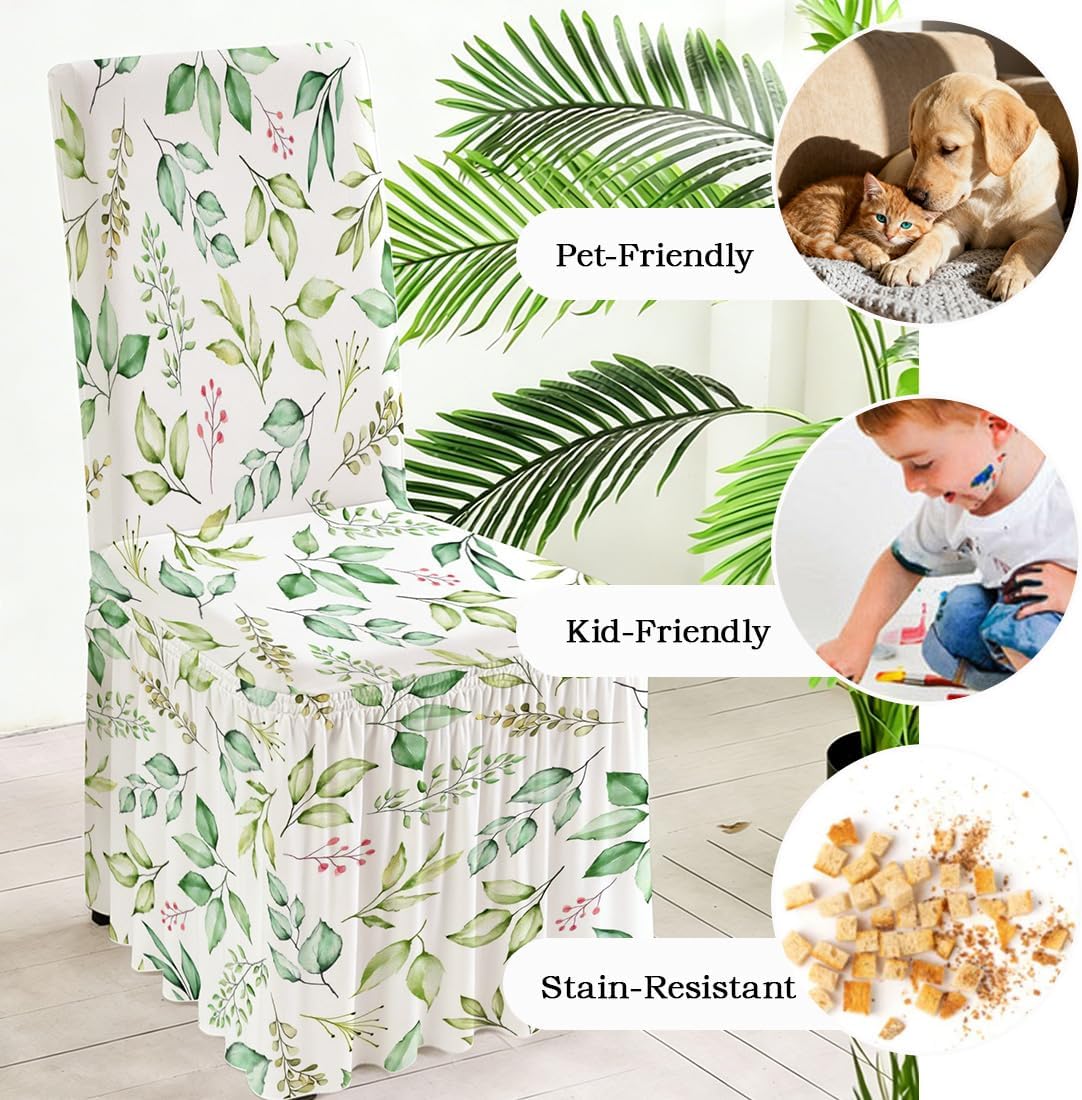 Dining Chair Covers with Skirt Stretch Dining Chair Cover with Printed Design Removable Long Ruffled Skirt Parson Chairs Slipcovers for Kitchen Banquet Wedding Set of 4 YHYT01-5