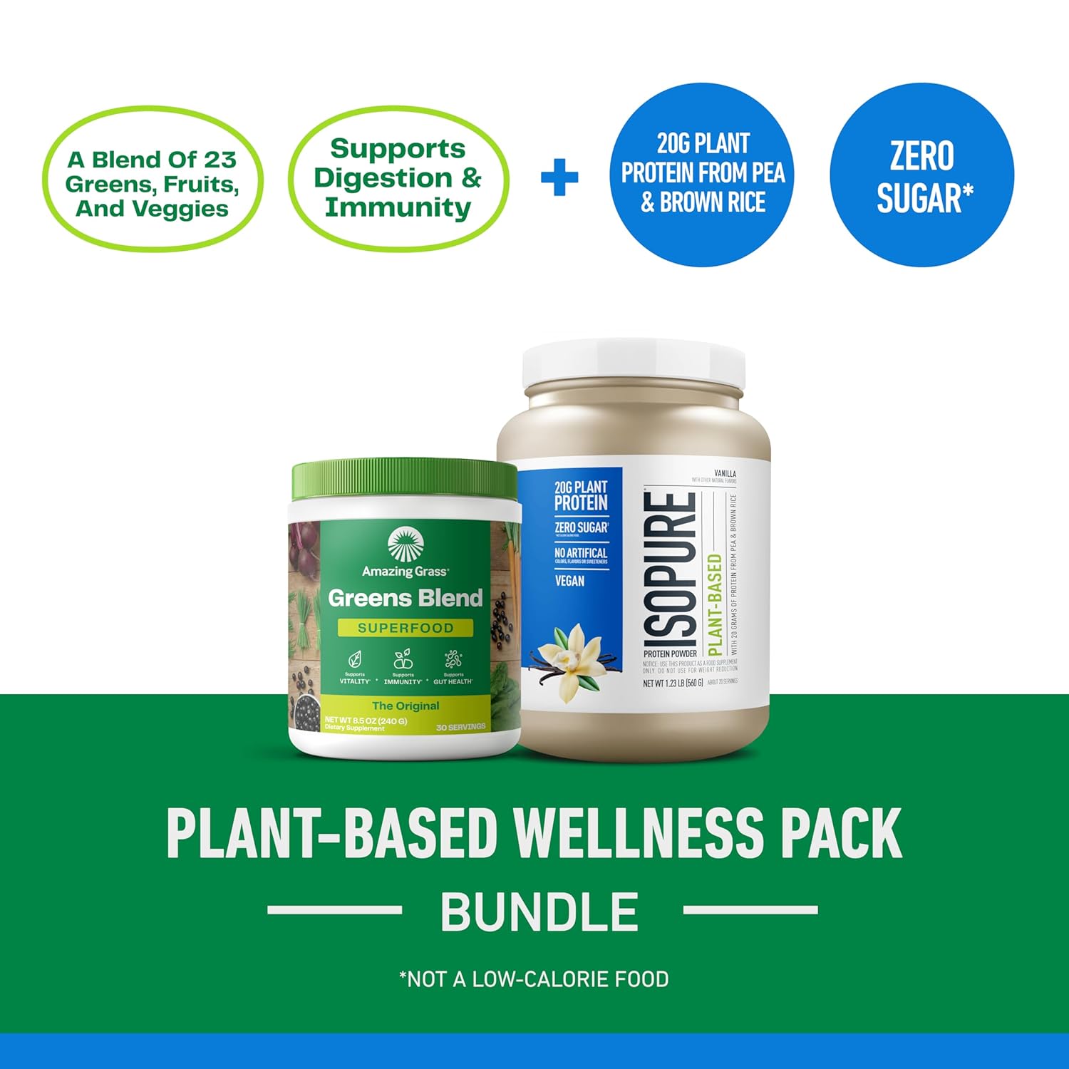 Bundle of Amazing Grass Greens Superfood Powder: Original, 30 Servings + Isopure Vanilla Vegan Protein Powder, Plant Based, Organic Pea Protein, Dairy Free, 20 Servings (Packaging May Vary)