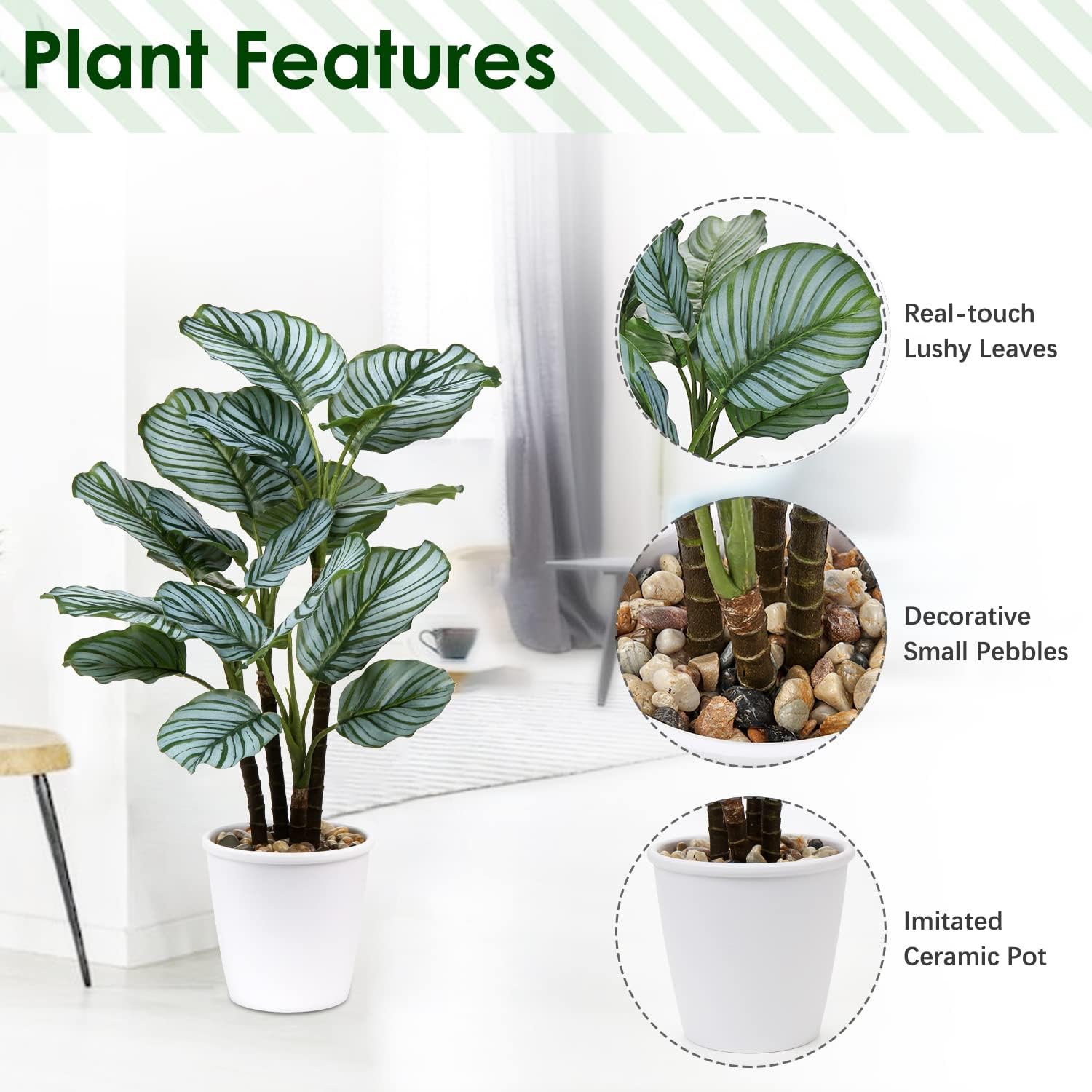 24.8" Artificial Plants Calatheas Orbifolia Goeppertia Orbifolia Plant Tropical Faux Green Plant Arrangement in Pot for Home Garden Office Decoration