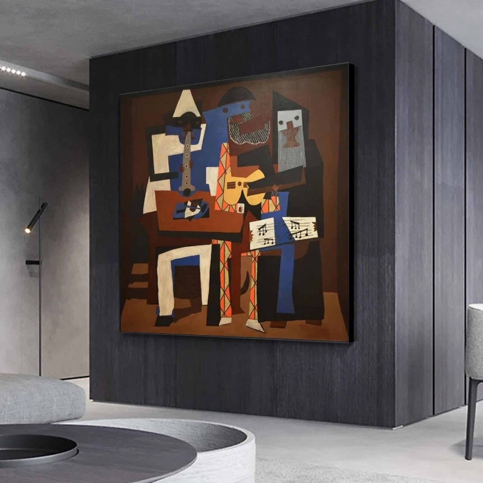 JACBON Picasso Famoso dipinto Tre uomini musicali Poster e stampe d'arte da parete Immagini astratte su tela per soggiorno Decorazioni per la casa 45x45 cm (18x18 pollici) Cornice interna