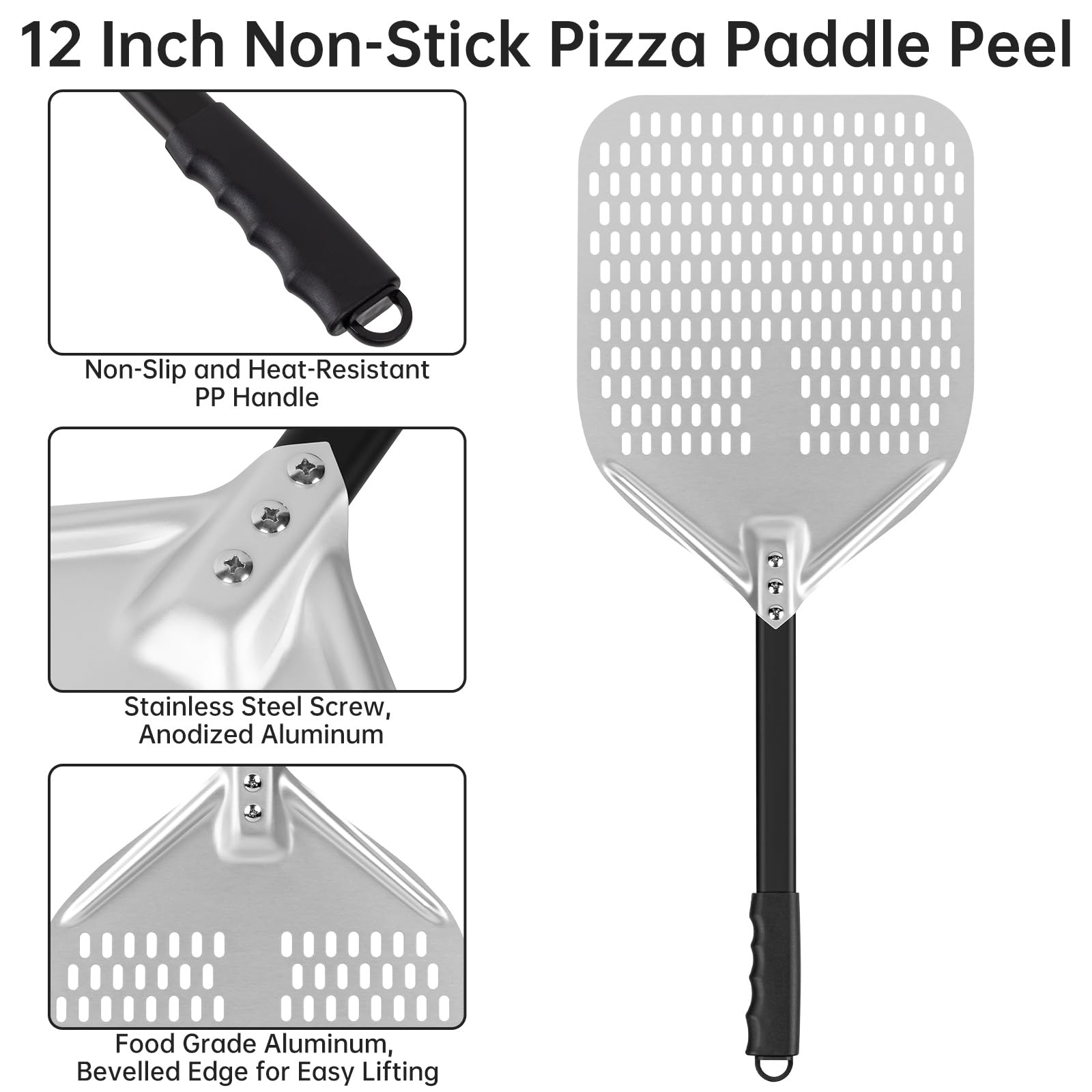 Pala per Pizza Forata, 12 Pollici Pala per Pizza Professionale, Pala per Pizza in Alluminio Anodizzato Duro con Manico Smontabile per Pizzas, Pane, Crostate Fatta in Casa