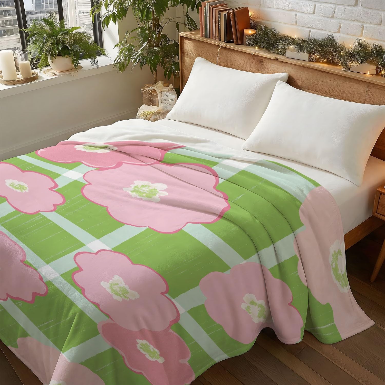 Koc flanelowy 180 cm x 200 cm miękki i lekki minimalistyczny wzór kreskówkowy kwiaty w kratkę dla dorosłych, zielony i różowy, idealny do dekoracji sofy