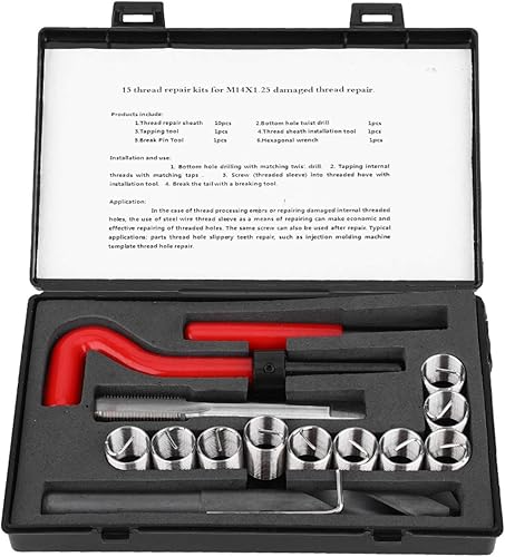 Kit de herramientas de reparación de roscas de 15 piezas, insertos roscados de acero inoxidable M14x1.25, insertos helicoidales de instalación de