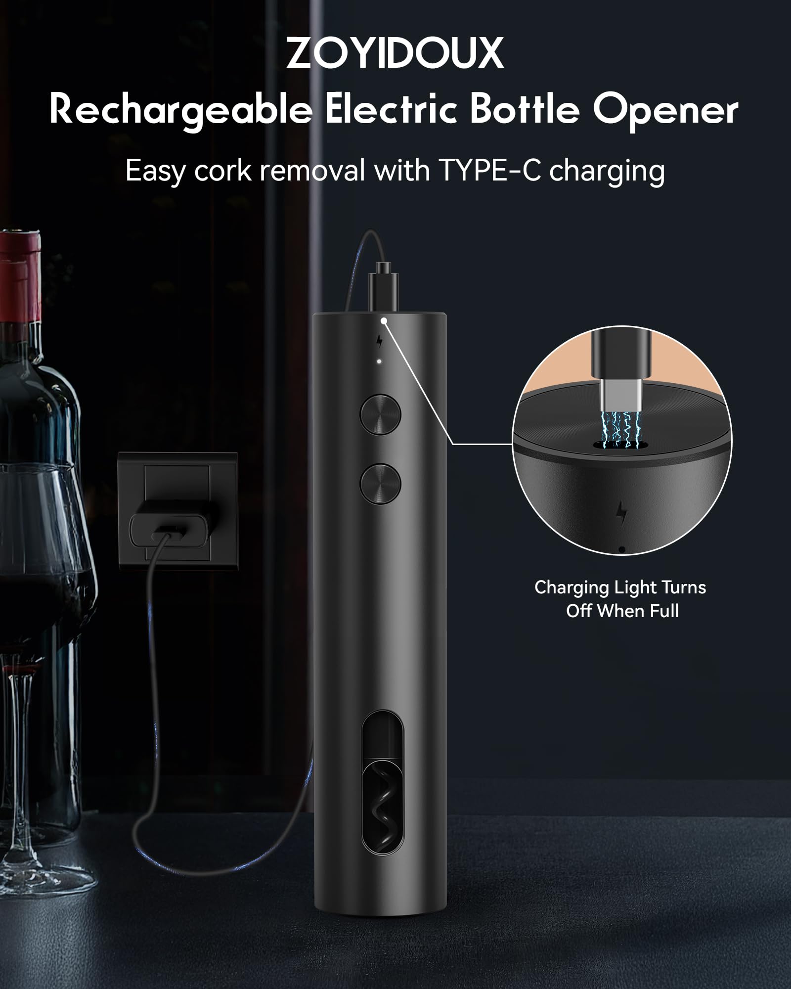 ZOYIDOUX Set di apribottiglie elettrico Rechargeable – Cavatappi elettrico USB-C con 2 tappi per vino sottovuoto, beccuccio e tagliacapsule, mini portatile, design opaco nero - 4