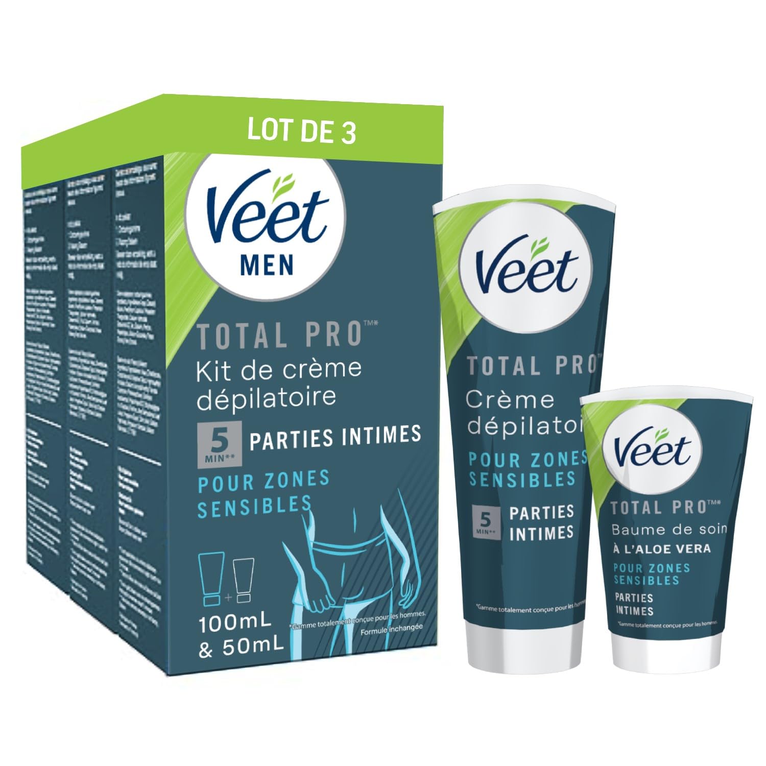 VEET FOR MEN - Lot de 3 Kit d’Épilation Parties Intimes - 3 Crèmes Dépilatoires 100ml et 3 Baumes de Soin 50ml - Zones Sensibles