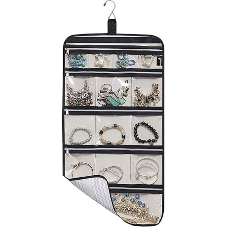 Foldable and Portable Travel Jewelry Organizer with 14 Cotton Zippered Pockets: MISSLO...