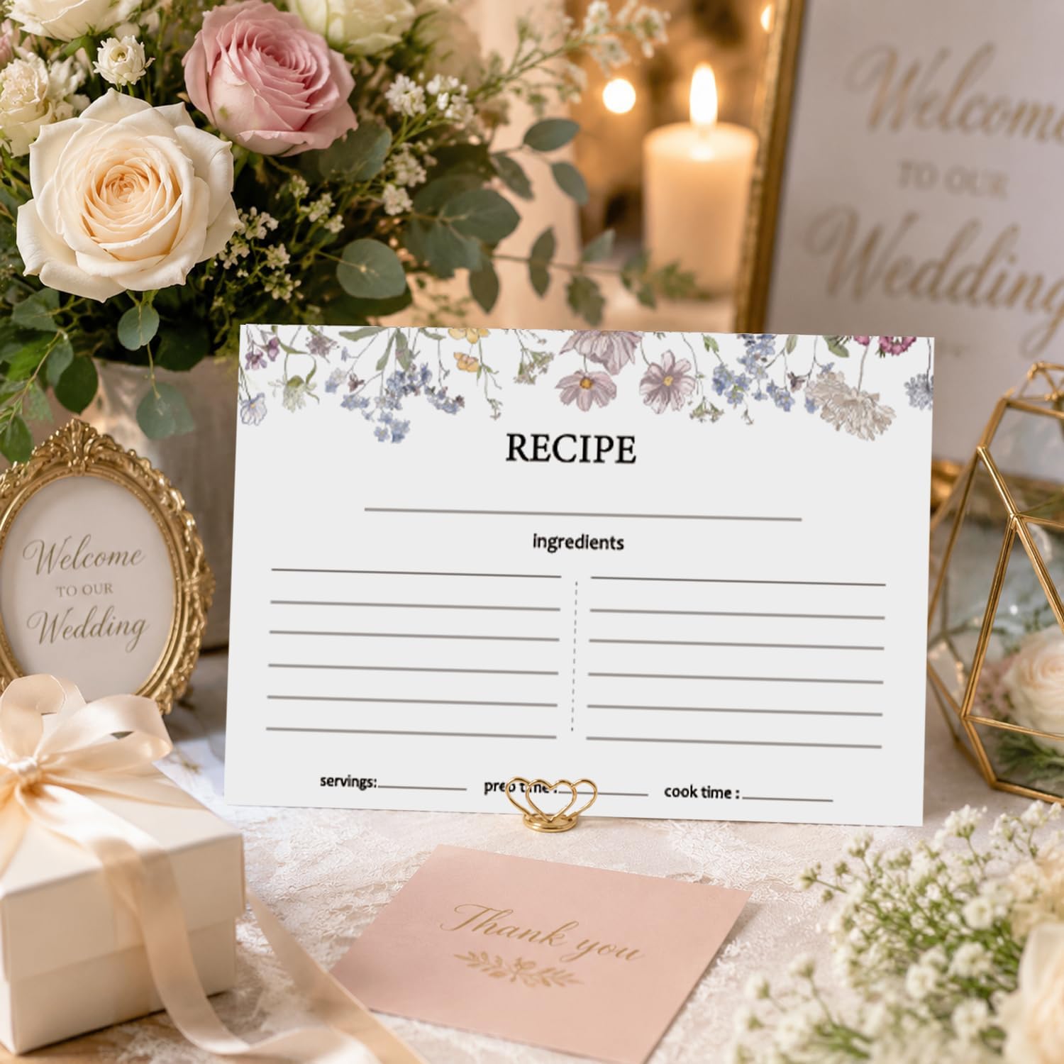 50 Pack 4x6 Recipe Cards Double Sided for Wildflower Bridal Shower Wedding Cooking Kitchen Restaurants Housewarming, Recipe Cardstock Paper White Index Cards Ruled