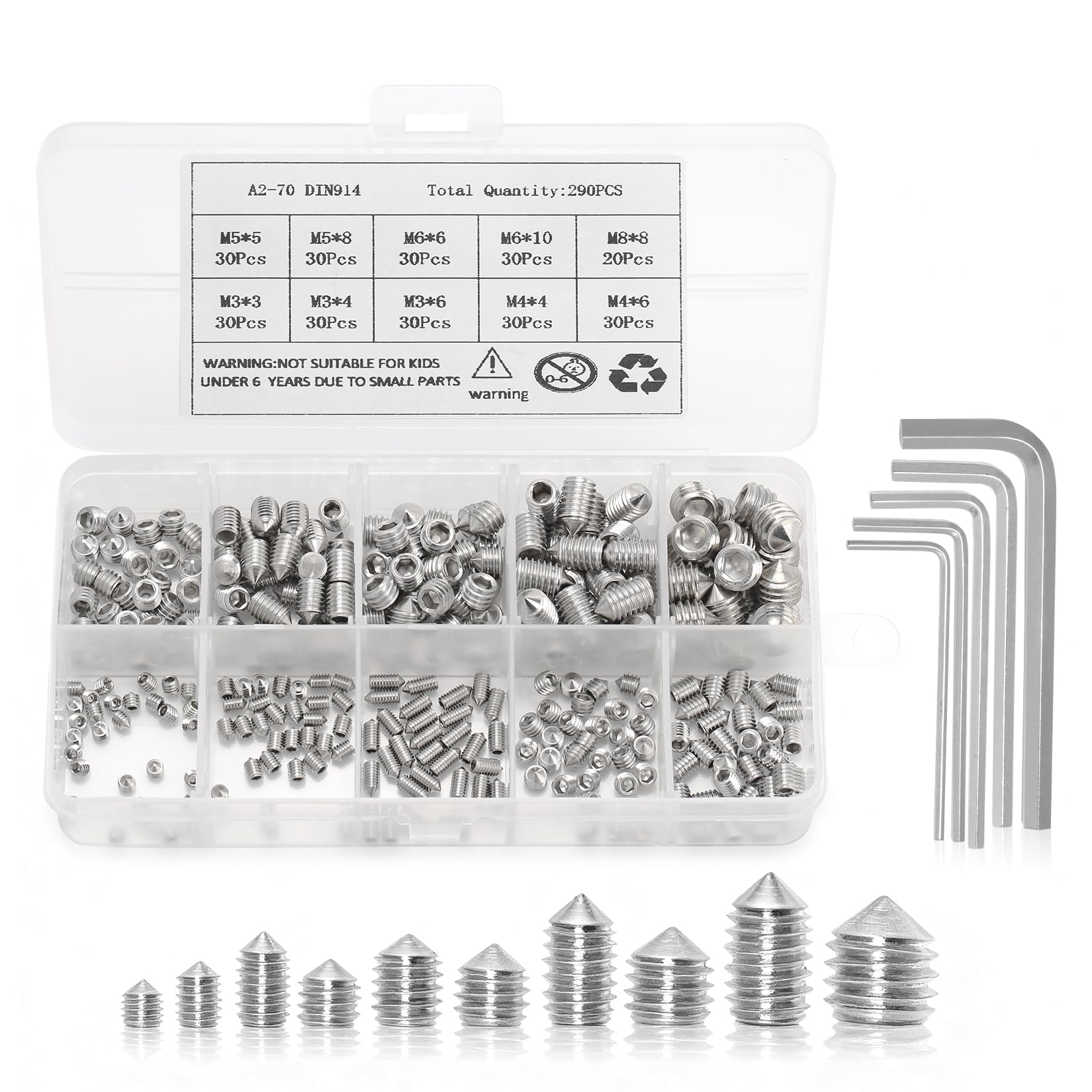 "Assorted Cone Point Grub Screws - Stainless Steel Metric Thread Socket Screws with M3 M4 M5 M6 M8 Sizes and Allen Keys" (290, silver, M3,M4,M5,M6,M8)