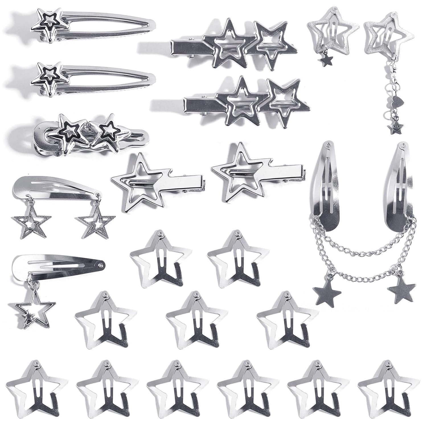 24pcs Y2K Star Hair Clips - Cute Silver Snap Clips for Women, Star Shaped Hair Accessories, Ideal for Emo, Grunge, Punk & 2000s Fashion
