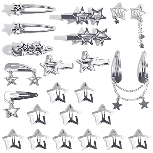 24pcs Y2K Star Hair Clips - Cute Silver Snap Clips