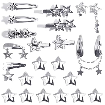 24pcs Y2K Star Hair Clips - Cute Silver Snap Clips for Women, Star Shaped Hair Accessories, Ideal for Emo, Grunge, Punk & 2000s Fashion