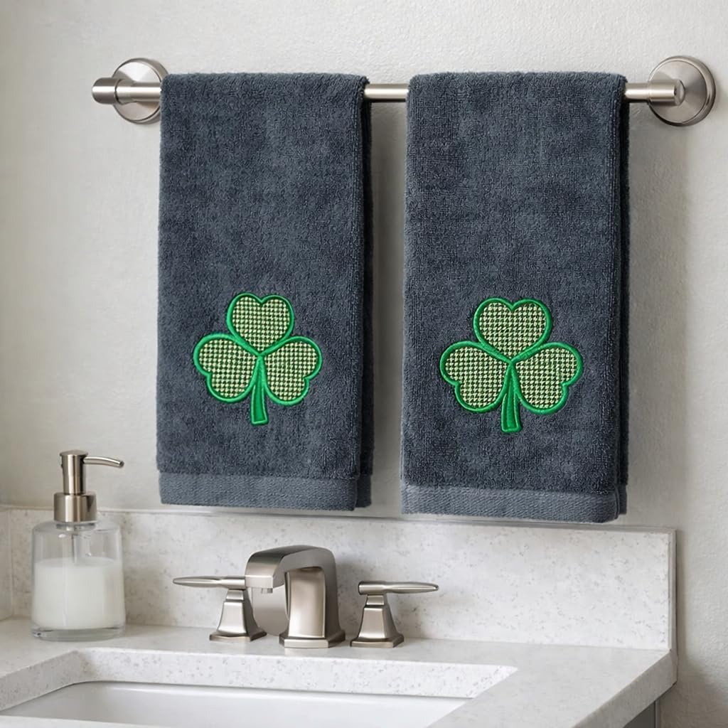 Serafina Home St. Patrick's Day Irish Hand Towels: Green Shamrock Clover Shenanigans Embroidery and Applique, 100% Cotton, White