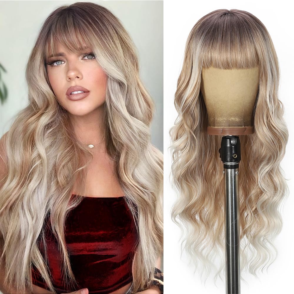 Wigs Human Hair Long Blonde with Bangs Ombre Brown Roots for Women Lightweight Breathable Festival Holiday Daily Use (R60,26 Inch)