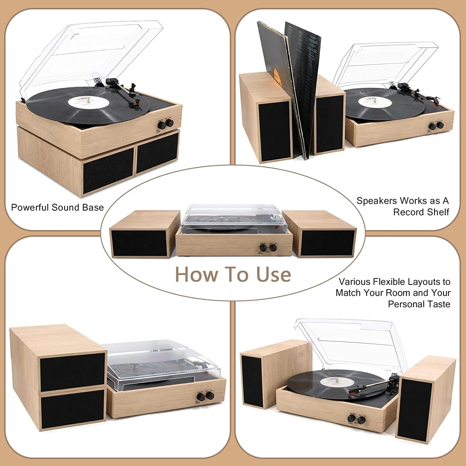 LP&No.1 Bluetooth Vintage Turntable with Stereo Bookshelf Speakers,Burlywood