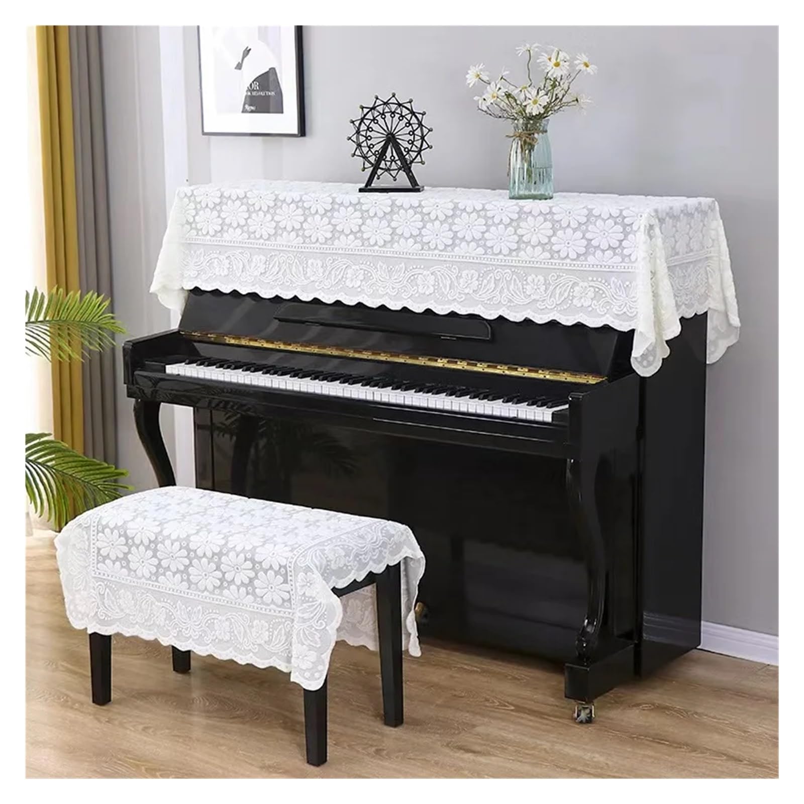 Copertura per Pianoforte Verticale Copri Pianoforte in Pizzo, Antipolvere, in Tessuto Floreale di Campagna, for mobili, Elettronica, Decorazione Verticale(01,90x200cm)