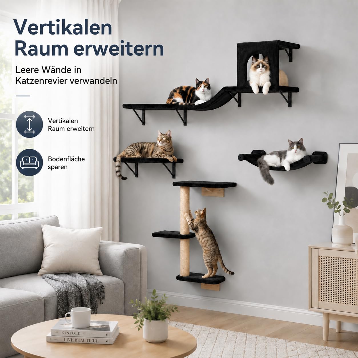 4-teiliges Katzen Wandmöbel Set, Hängematte mit Kratzsäule | Katzen Wandmöbel, mit Hängematte, Katzenbrücke, Liegefläche und Sisal Kratzsäule, stabile Wandmontage, belastbar 13,6kg