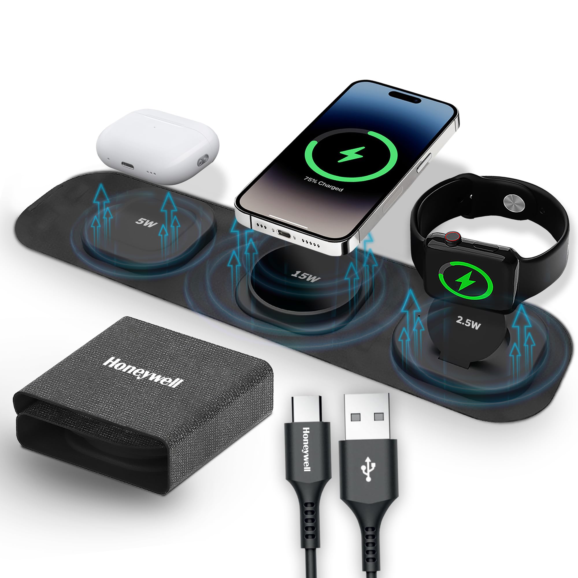 Honeywell Zest Wireless 3-in-1 Magnetic Foldable MagSafe Compatible 23W Wireless Charger for iPhone 12-15, Supports QC 3.0, All Apple Watch Series, Airpods 2,3, pro, Ultra-Fast Charging up to 23W (B0CQ5F9L64) Amazon Price History, Amazon Price Tracker