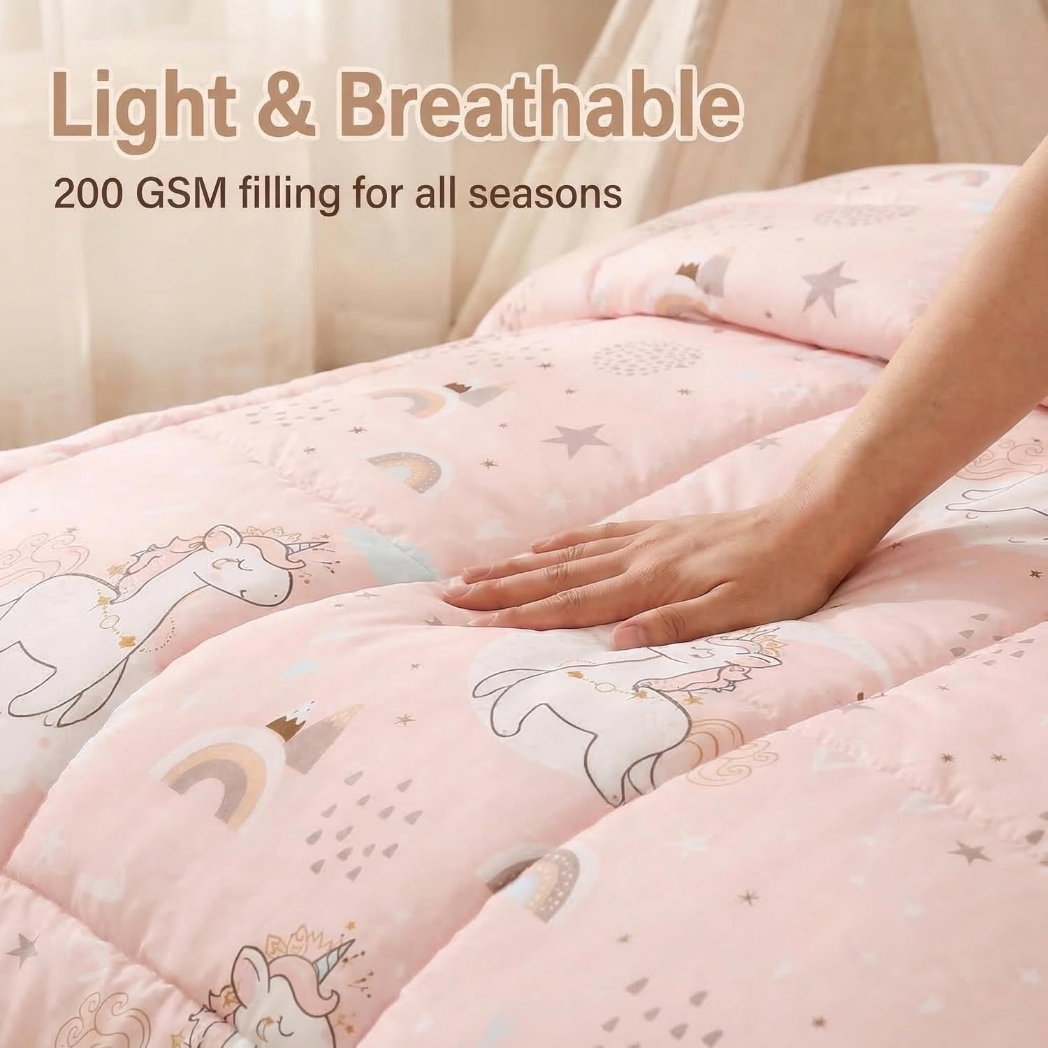 JSD Pink Unicorn Toddler Bedding Set, 4 Piece Bed-in-a-Bag Toddler Microfiber Comforter Sheet Set, All Season Machine Washable