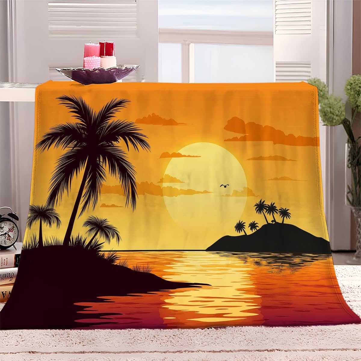Genérico Manta Franela para Cama Isla Puesta De Sol Palmeras 220x240 cm Manta para Sofá, Suave, Cálida, Transpirable, Manta de Microfibra Multiusos para Viajes y Camping