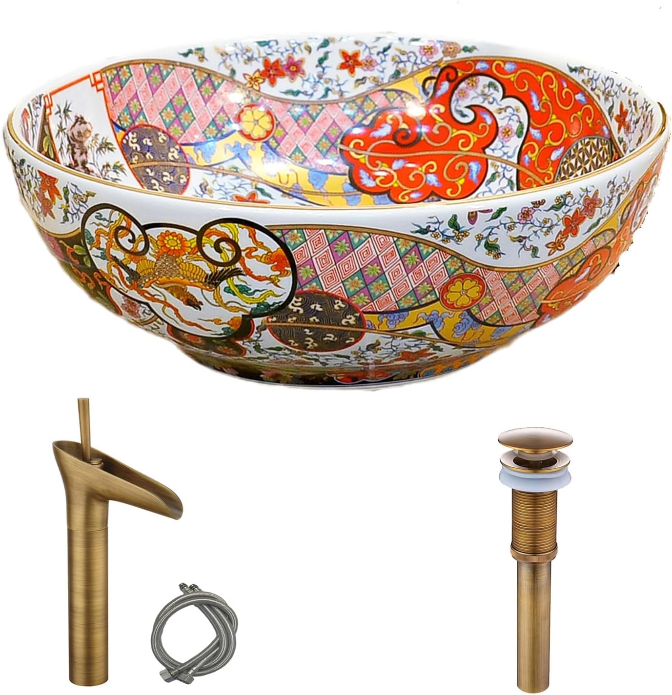 Retro European Style Round Vessel Sink Bowl with Brass Waterfall Faucet and Pop Up Drain Combo for Bathroom Vanity Top