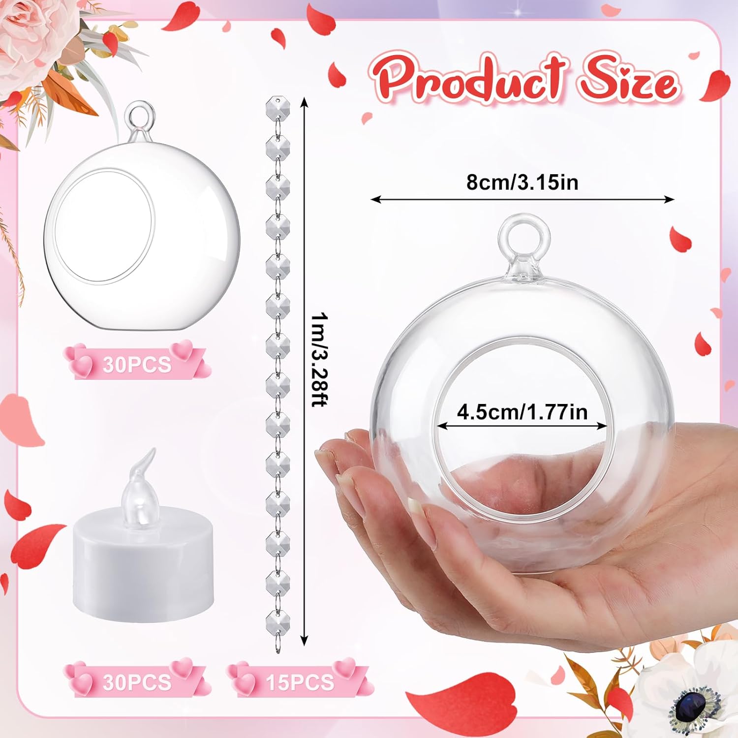 75 Pcs Wedding Hanging Acrylic Globe Tealight Candle Holder 3.15" with Crystal Garland LED Candles for for Indoor Outdoor Backyard Wedding Reception Party Table Centerpieces Decor