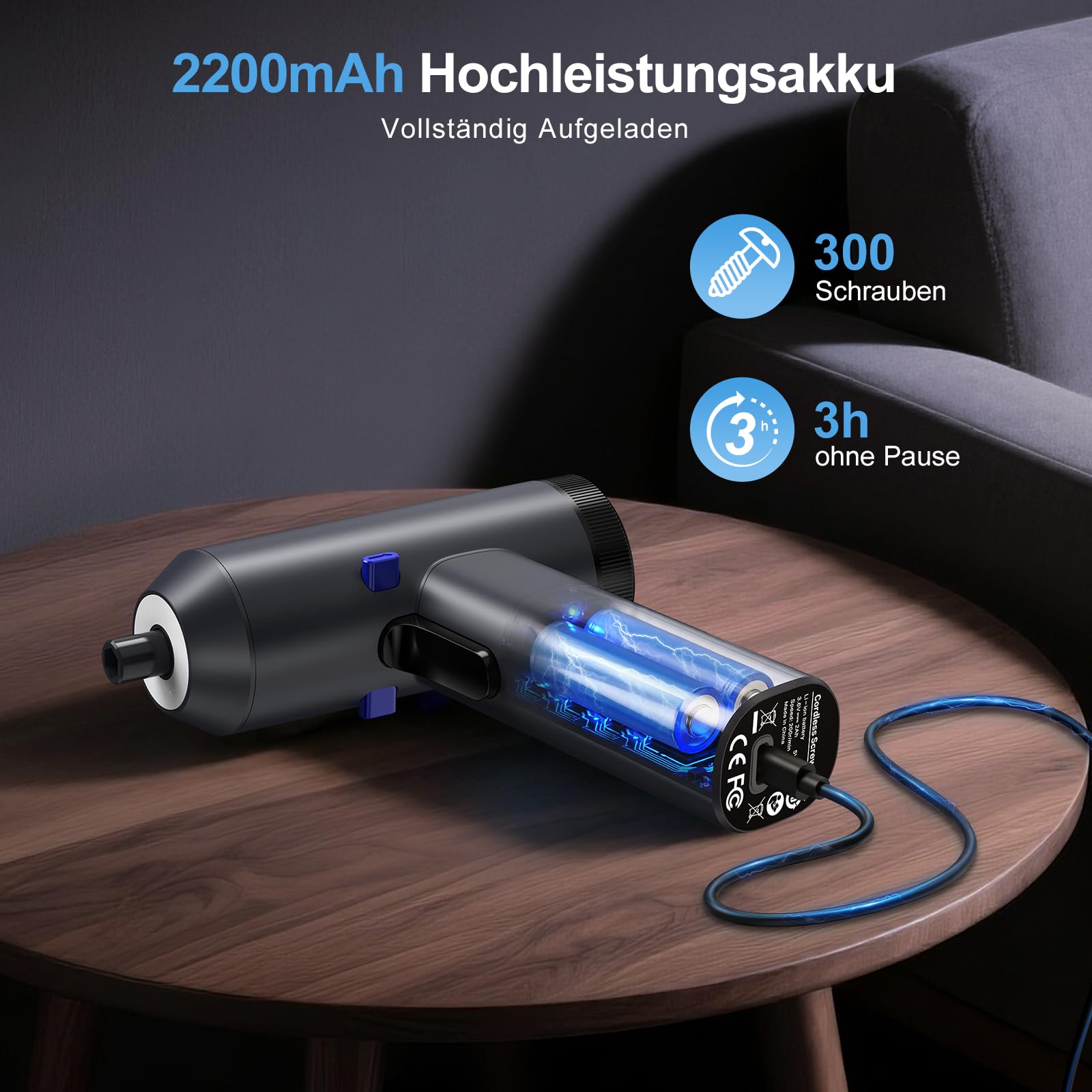 HYCHIKA Akkuschrauber Klein,6Nm Akku Schraubendreher mit Display,7 Drehmoment,2200-mAh-Akku,Akkubohrer mit LED-Licht Geeignet für Möbel und Haushaltsreparaturen