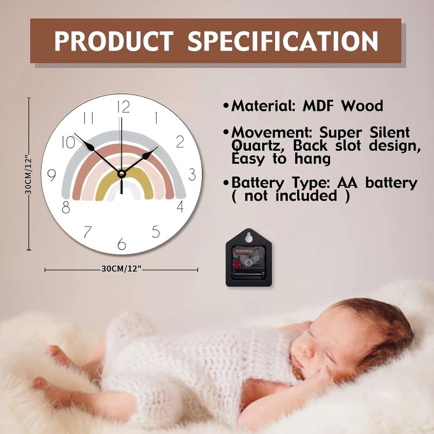ArogGeld Nursery Decor Large Wooden Wall Clocks Battery Operated 12 Inch Silent Rainbow Boho Time Clock Modern Wall Hanging Art Farmhouse Home Decor for Home Kitchen Office School Bathroom