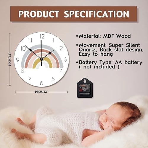 Miniatura 7 de ArogGeld Reloj de pared grande de madera para decoración de guardería, funciona con pilas, 12 pulgadas, silencioso, arco iris, bohemio, reloj de