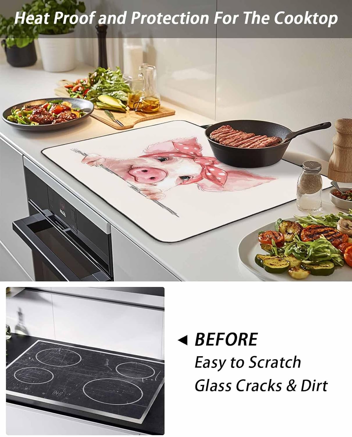 Pink Pig Stove Top Cover for Electric Stove, Cartoon Watercolor Animals Printed Bows Heat-proof & Non Slip Glass Top Stove Cover Protector, Kitchen Flat Cooktop Rubber Mat 28.5x20.5 Inches