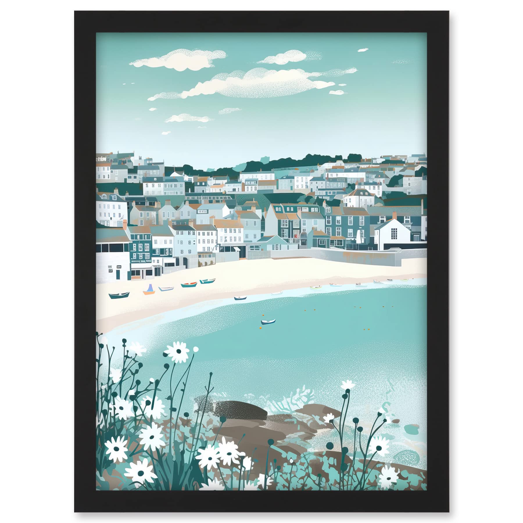 Artery8 St Ives Bay Daisies Soft Pastel Coastal Cityscape Artwork Framed A3 Wall Art Print