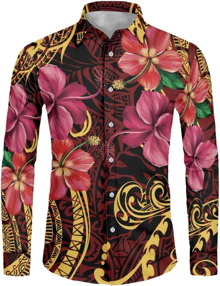 ENLACHIC Men Polynesian Tribal Print Long Sleeve Casual Button Down Beach Hawaiian Shirts Dress Shirts