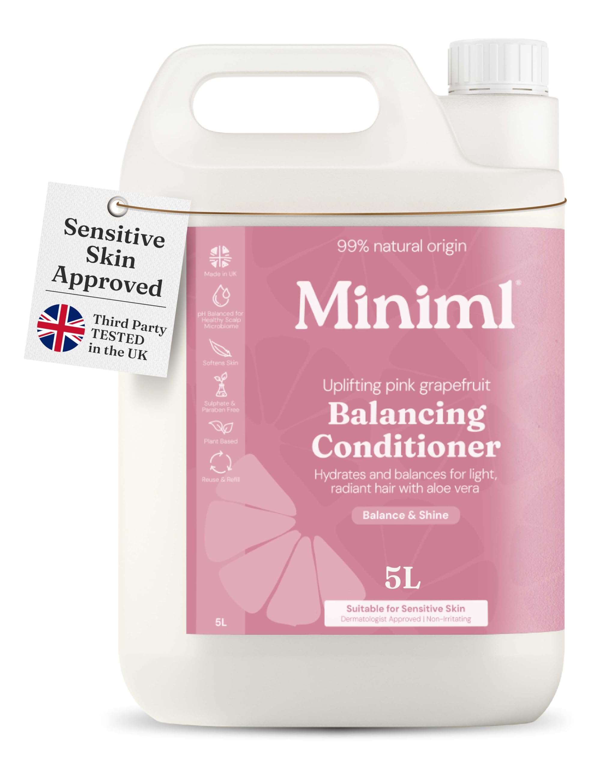 Miniml Natural Hair Shampoo Eco Friendly – 5L Refill Pink Grapefruit & Aloe Vera Men and Womens Sensitive Scalp & Skin Cruelty Free Vegan Shampoo - For Greasy, Curly, Dry and Dandruff Hair
