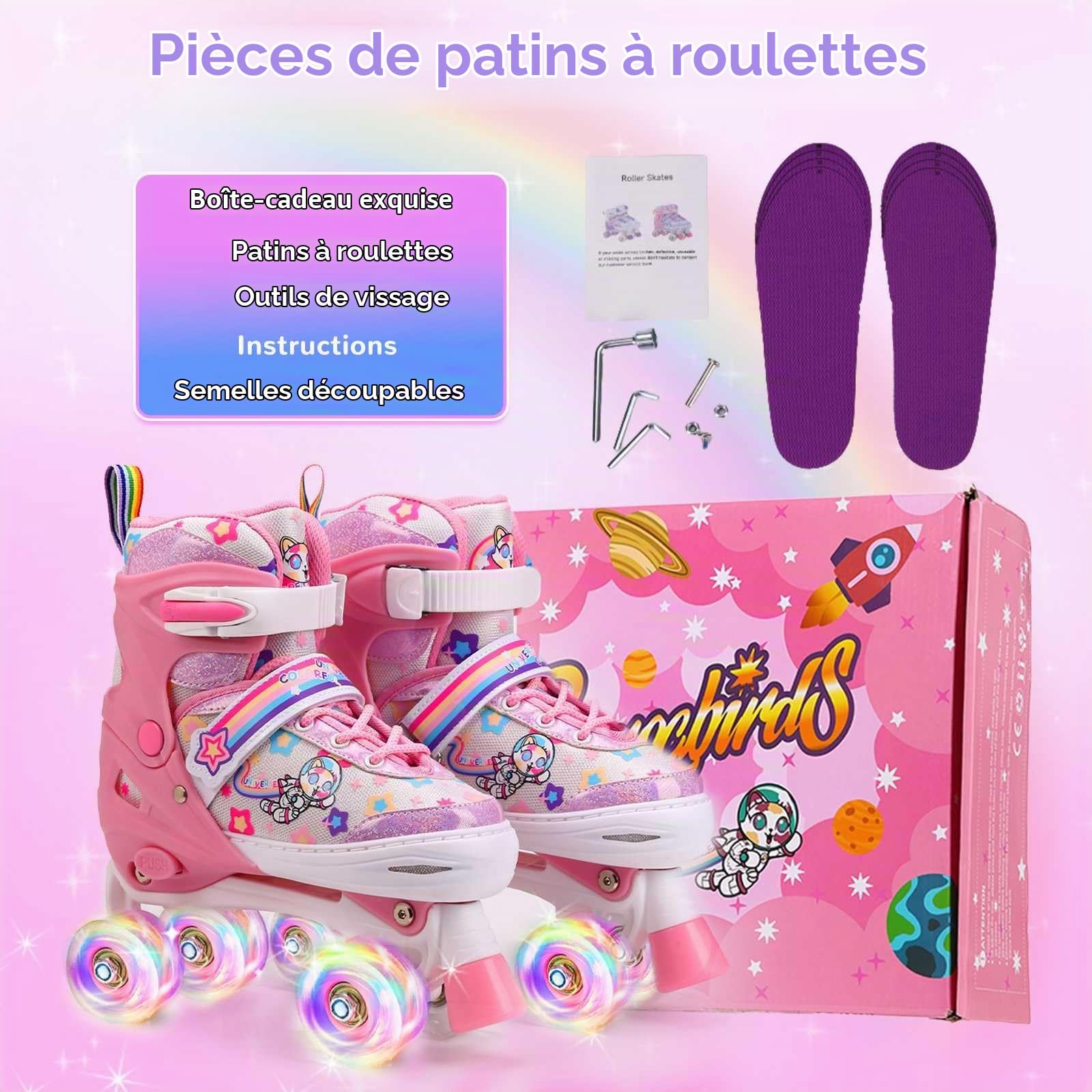 Roller Enfant Fille Patin a Roulette Fille Rollers Quad avec 8 Roues Lumineuses,4 Taille Réglable Patins à roulettes Confortables pour Les Filles et Les garçons et débutants