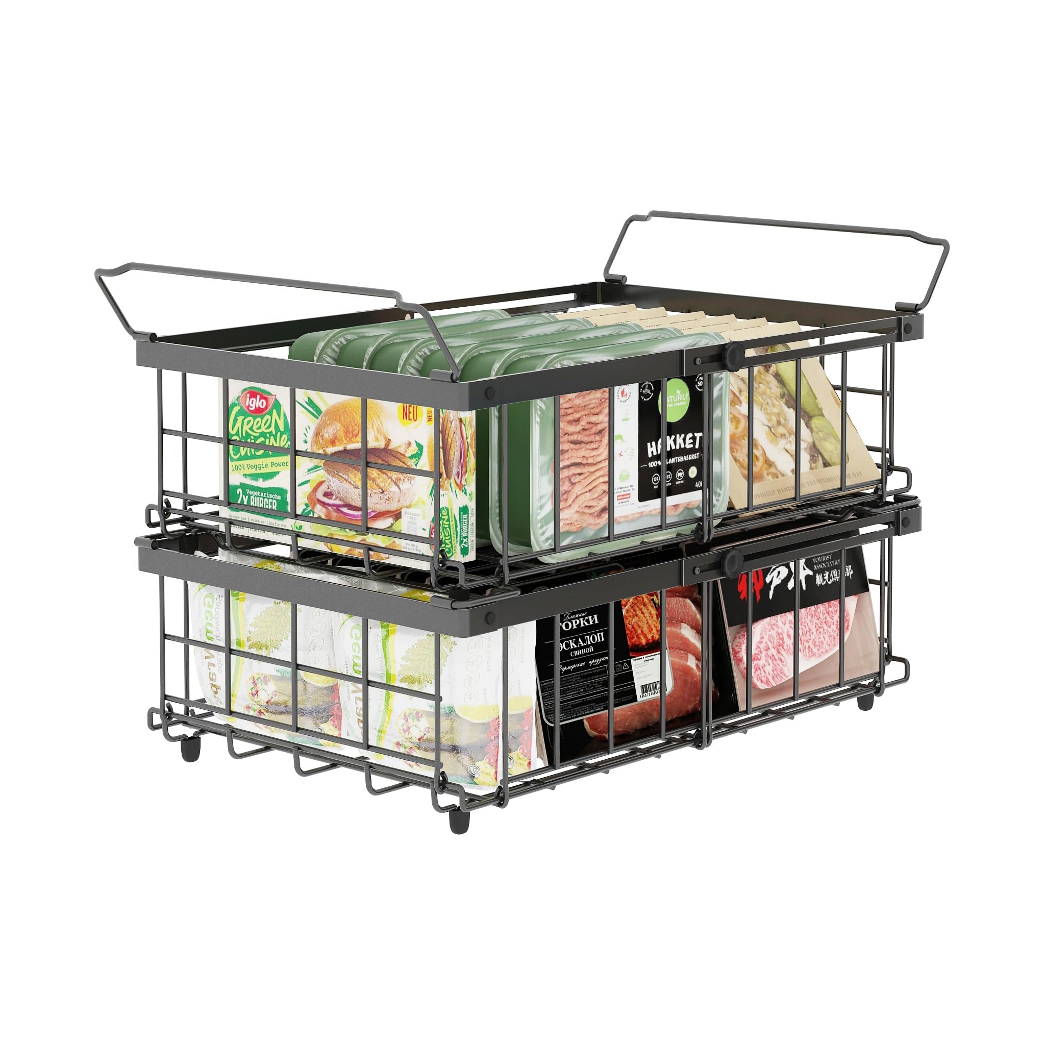 UMDONX 2er Gefriertruhe Körbe Schwarz - Griff Stapelbar GefrierköRbe für 283 bis 566L TiefküHltruhe,Gefrorene Zutaten organisieren, Ausziehbare Länge(29-45x30x15cm)