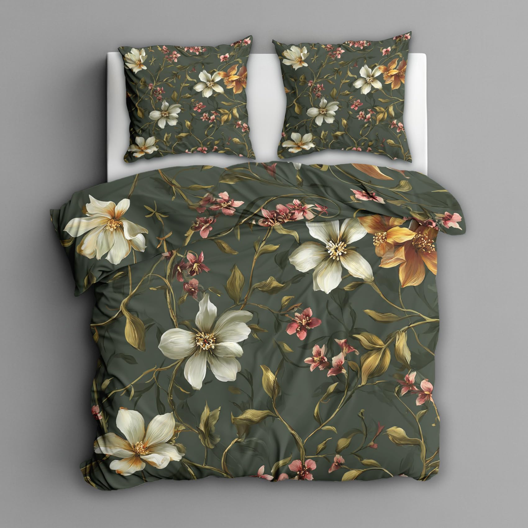 Generisch Grün Blumen Bettwäsche 135x200, Schlafzimmer Deko Wendebettwäsche 2tlg, Botanisch Blumenmuster Bettbezug & 1 Kissenbezug 80x80, Weiche Mikrofaser, mit Reißverschluss -h457
