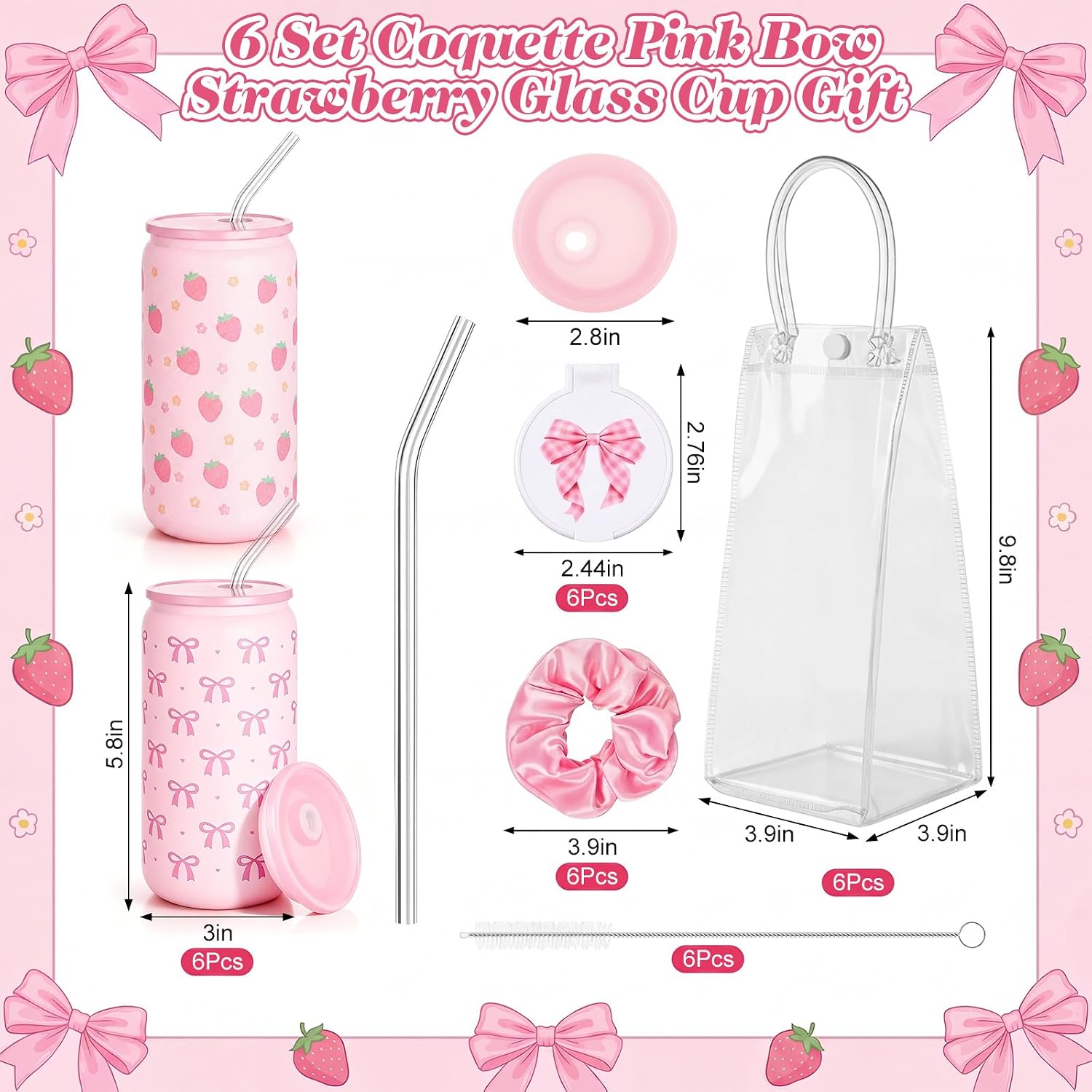 Willinglong 6 Sets Pink Coquette Bow Strawberry Glass Cup Gift Set, 16oz Bow Iced Coffee Cup with Acrylic Lids and Straws Mirrors Hair Ties Brushes Clear Gifts Bags for Her Girls Women Bridesmaid