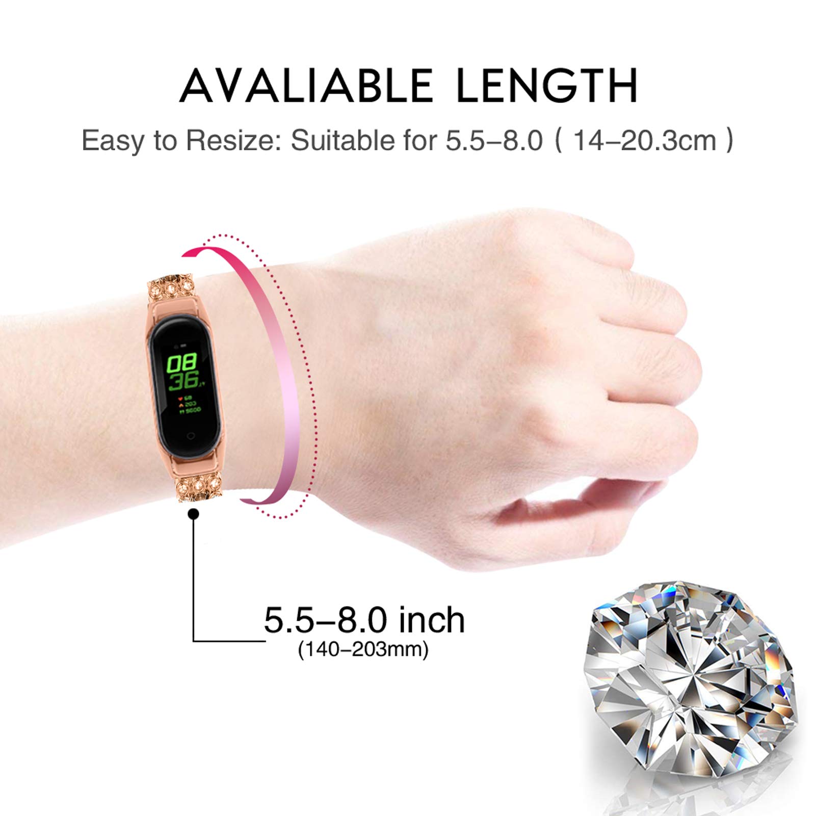 Cinturino Bracciale Con Strass Per Xiaomi Mi Band 3/4 - Acciaio Inox Argento, Regolabile - 2