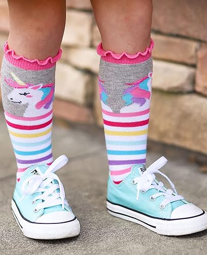Miniatura 5 de Jefferies Socks Calcetines altos hasta la rodilla con volantes y rayas de unicornio unicornio para niña, paquete de 2